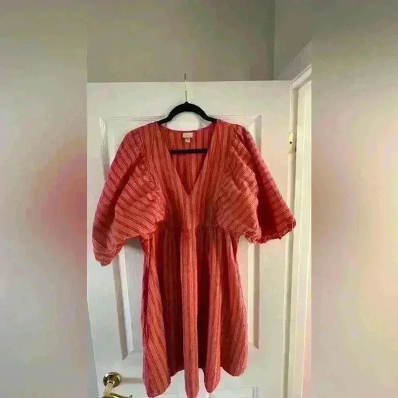 A new day orange stripped puffed sleeves midi dress. - Picture 7 of 9